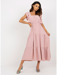 Fashionhunters Světle růžové rozevláté šaty s volánem