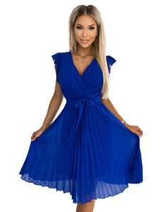 Plisované šaty s výstřihem a volány Numoco POLINA - modré