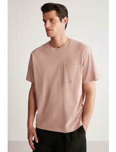 GRIMELANGE Leo Men's Regular Fit 100% Cotton Pink T-shirt with Pockets and Ornamental Label