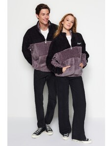 Trendyol Black Unisex Oversize/Wide Cut Color Block Minimal Embroidery Warm Plush Sweatshirt