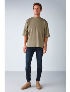 GRIMELANGE Men's Ascolı Oversize Fit Special Thick Textured Fabric High Collar Khaki T-shirt