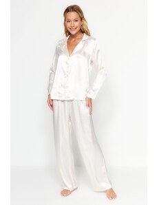 Trendyol Ecru Animal Pattern Satin Shirt-Pants Weave Pajamas Set
