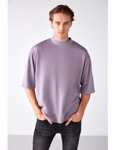 GRIMELANGE Men's Ascolı Oversize Fit Special Thick Textured Fabric High Collar Lilac T-shirt