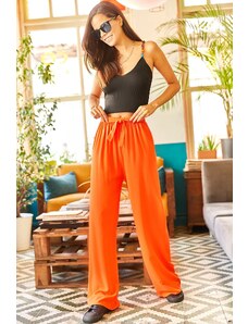 Olalook Women's Orange Belted Woven Viscon Palazzo Trousers