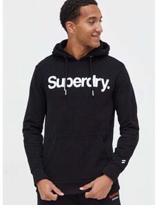 Bavlněná mikina Superdry pánská, černá barva, s kapucí, s potiskem