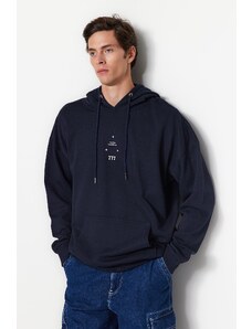 Trendyol Navy Blue Oversize/Wide-Fit Hooded Space Printed Fleece Sweatshirt