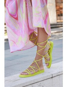 Madamra Women's Yellow Wrap-Up Lace-Up Puffy Sandals