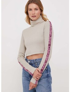 Tričko s dlouhým rukávem Calvin Klein Jeans béžová barva, s golfem