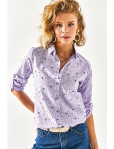 Olalook Women's Lilac Floral Fold Sleeve Linen Shirt