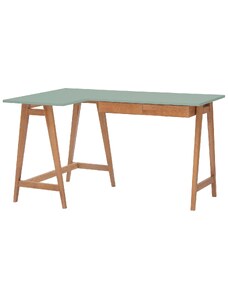 Zelený lakovaný rohový pracovní stůl RAGABA LUKA 135 x 85 cm s dubovou podnoží, levý