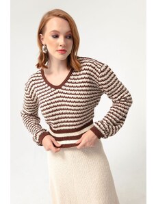 Lafaba Dámský hnědý pletený svetr s výstřihem do V