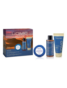 Erboristica UOMO Active Kosmetická sada pro muže – sprchový gel a šampon 2v1 100 ml, balzám po holení 100 ml, tuhé mýdlo 50 g