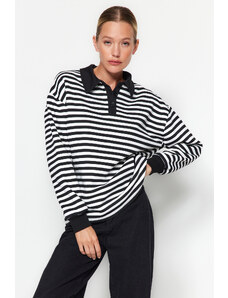 Trendyol Black Striped Polo Neck Thick Fleece Oversize Knitted Sweatshirt