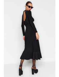 Trendyol Black Maxi Oversized Knit Dress with Ruffles Pleats and Plunging Neck Skirt