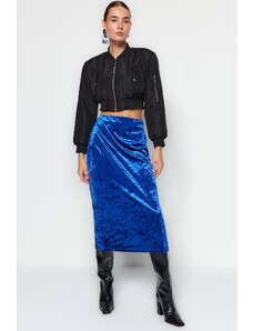Trendyol Navy Blue Velvet High Waist Pencil Midi Knitted Skirt