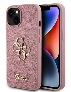 Ochranný kryt na iPhone 15 - Guess, Fixed Glitter 4G Metal Logo Pink