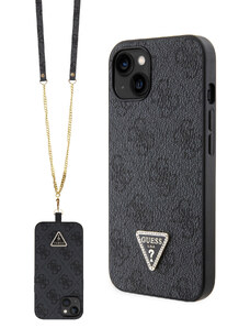 Ochranný kryt s crossbody popruhem pro iPhone 15 - Guess, 4G Strass Triangle Metal Logo Black