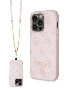 Ochranný kryt s crossbody popruhem pro iPhone 15 Pro - Guess, 4G Strass Triangle Metal Logo Pink