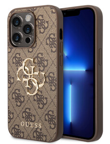 Ochranný kryt na iPhone 15 Pro - Guess, 4G Metal Logo Brown