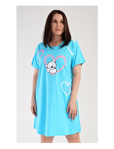 Vienetta Dámská noční košile s krátkým rukávem Medvídek, barva tyrkysová, 100% bavlna