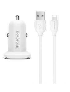 Borofone Borofonová autonabíječka s kabelem 2x USB s 2,4A kabelem Lightning Bílá