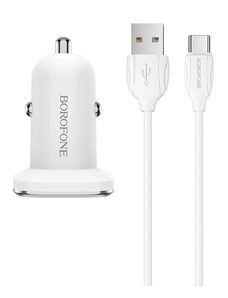 Borofone nabíječka do auta s kabelem 2x USB s 2,4A USB C kabelem Bílá