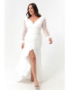 Lafaba Women's White V-Neck Plus Size Long Evening Dress with a slit with rhinestones on the sleeves.