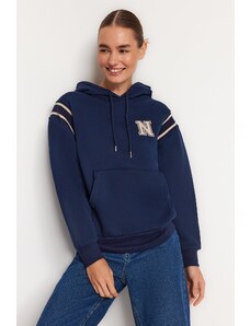 Trendyol Navy Blue Thick Fleece Inside With Appliqués Regular/Regular Fit Hooded Knitted Sweatshirt