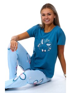 Naspani Tmavě modré i nebesky modré květované dámské pyžamo s Králíčkem 1B1785