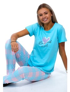 Naspani Azurové i růžové kárované dámské pyžamo se srdcem MORE GOOD 1B1768