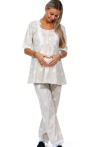 Naspani Béžové puntíkaté i srdíčkové kojící i těhotenské pyžamo lemované bílou krajkou 1D1207