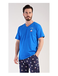 Cool Comics Pánské pyžamo dlouhé Loďka, barva modrá, 100% bavlna