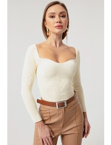Lafaba Dámský krémový srdíčkový límec manšestrový pletený svetr