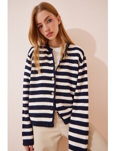 Happiness İstanbul Women's Ecru Navy Blue Waistband Striped Knitwear Cardigan