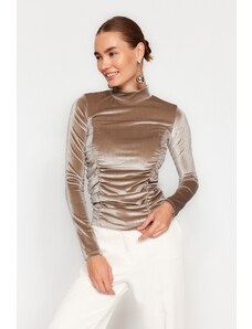 Trendyol Mink Draped Fitted/Slippery High Neck Velvet Knitted Blouse