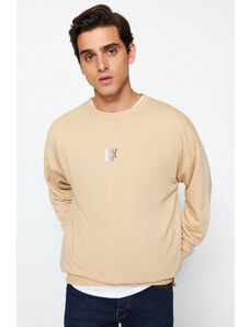 Trendyol Beige Men's Oversize/Wide Cut Crew Neck Long Sleeve Text Printed Sweatshirt.