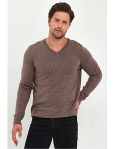 Lafaba Men's Brown V-Neck Basic Knitwear Sweater