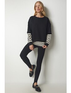 Happiness İstanbul Women's Black Striped T-Shirt Patch Knitted Sweatshirt