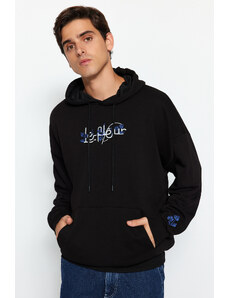 Trendyol Black Oversize/Wide-Fit Letter Embroidered Hooded Sweatshirt