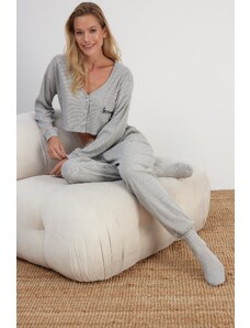 Trendyol Gray Corded Cotton Embroidered Knitted Pajama Set