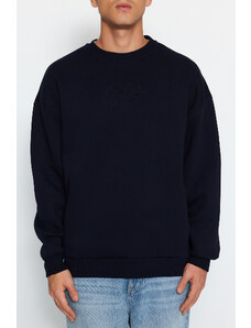 Trendyol Navy Blue Oversize/Wide-Fit Bear Animal Embroidered Cotton Fleece Sweatshirt