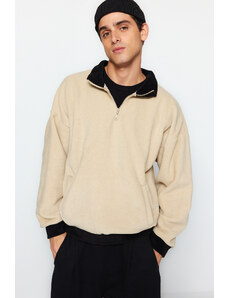 Trendyol Beige Oversize/Wide Cut Half Zipper Stand Collar Color Block Fleece Sweatshirt