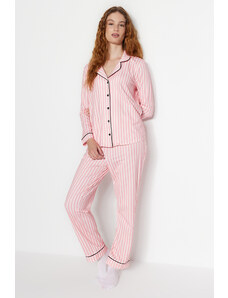 Trendyol Růžový proužek Vzorované lemování fleece vnitřní košile-kalhoty Pletené pyžamo Set