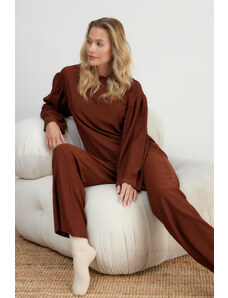 Trendyol Brown Smocking Detailed Crepe T-shirt-Pants and Knitted Pajamas Set