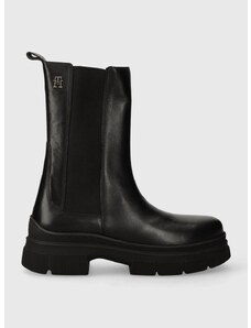 Kožené kotníkové boty Tommy Hilfiger ESSENTIAL LEATHER CHELSEA BOOT dámské, černá barva, na plochém podpatku, FW0FW07490