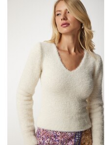 Happiness İstanbul Dámský krémový vousatý pletený svetr s výstřihem do V