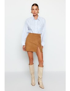 Mini pletená sukně Trendyol Camel Slit Suede