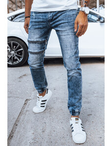 BASIC Modré džínové jogger kalhoty se zipy Denim vzor
