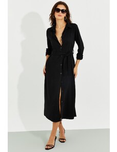 Cool & sexy dámská černá kapesní košile midi šaty