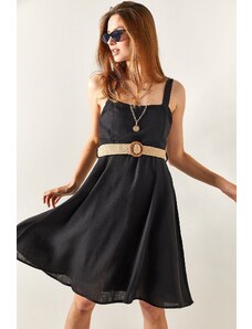 Olalook Dámské černé páskové boční zip Mini lněné rozšířené šaty